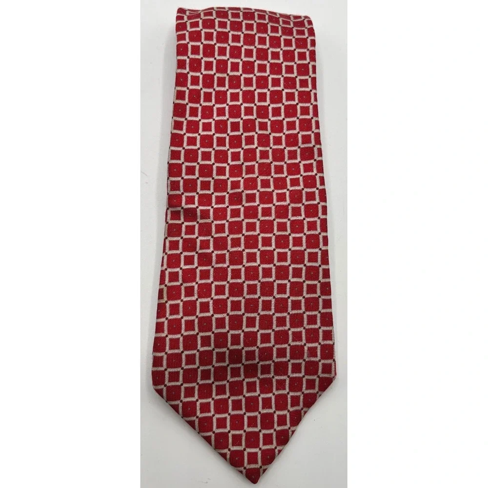 Tommy Hilfiger Men's 100% Silk Tie Red Geometric Square Pattern Made in USA